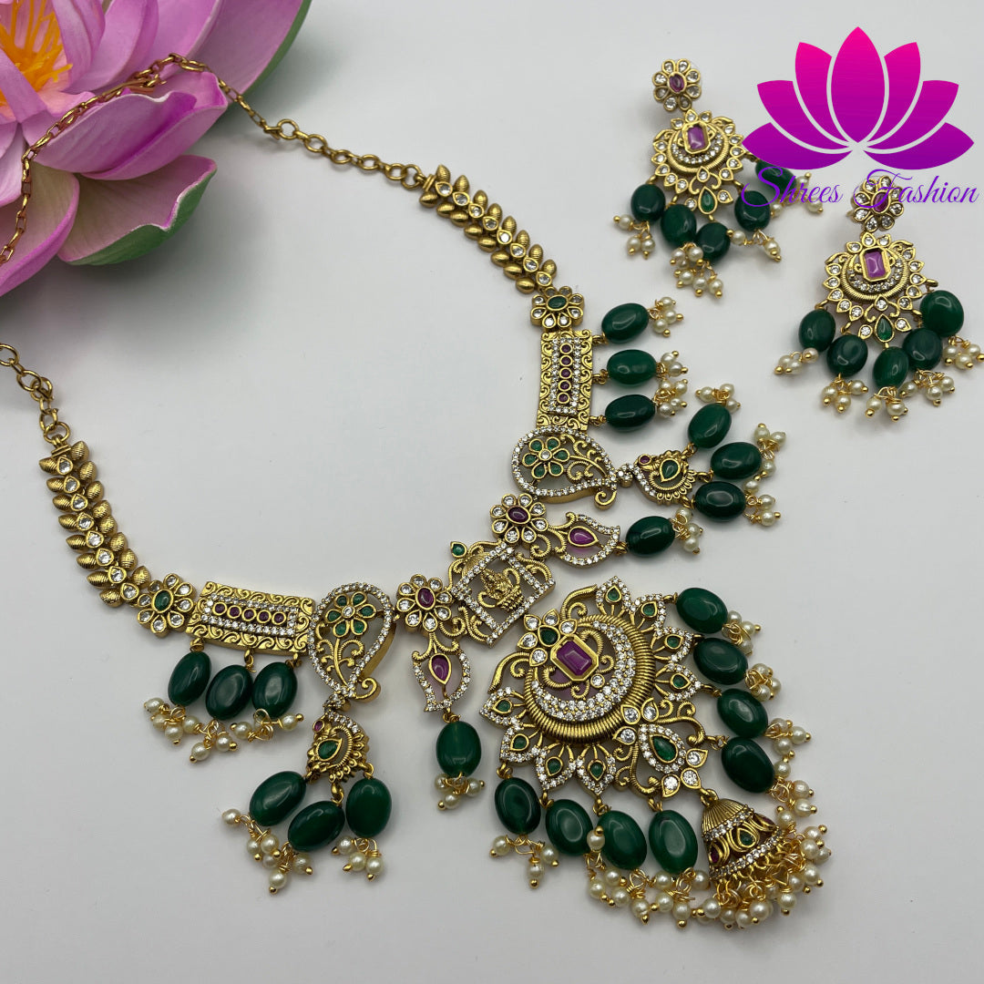 Glamorous Green Elegance: Matte Gold Finish with Cubic Zirconia Stones and Green Beads - Shrees  Fashion Australia