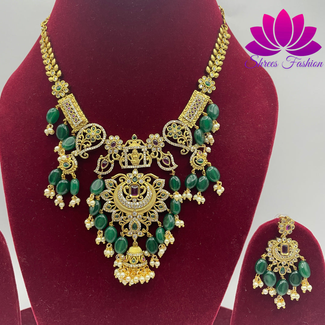 Glamorous Green Elegance: Matte Gold Finish with Cubic Zirconia Stones and Green Beads - Shrees  Fashion Australia