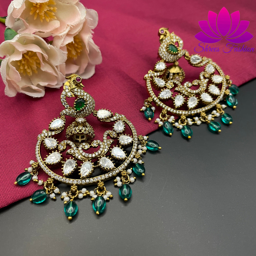 Regal Splendor: Victorian Stones Chandbali Earrings with Green Beads - Shrees  Fashion Australia