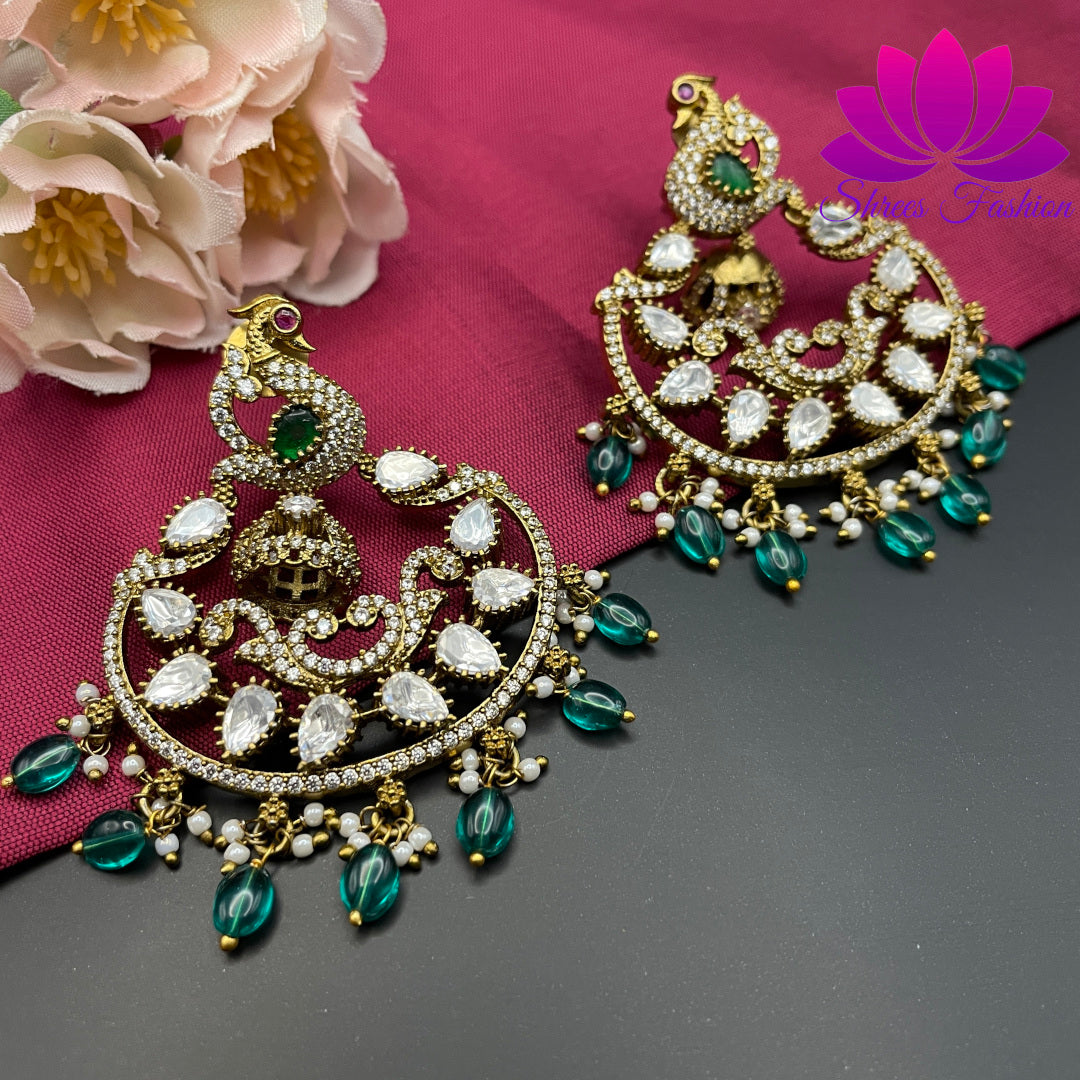 Regal Splendor: Victorian Stones Chandbali Earrings with Green Beads - Shrees  Fashion Australia