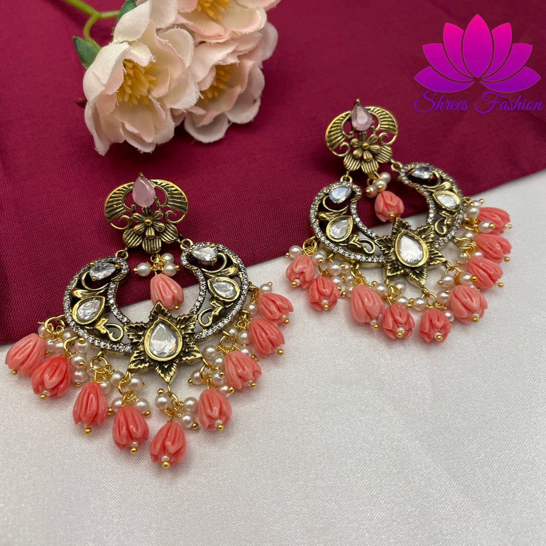 Regal Rose: Victorian Stones Chandbali Earrings with Pink Beads - Shrees  Fashion Australia