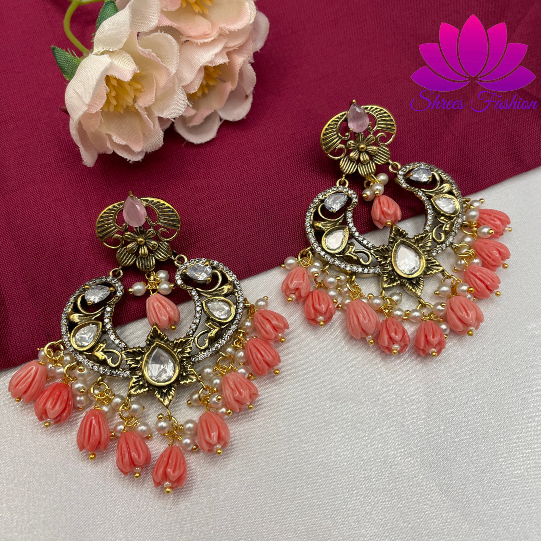 Regal Rose: Victorian Stones Chandbali Earrings with Pink Beads - Shrees  Fashion Australia