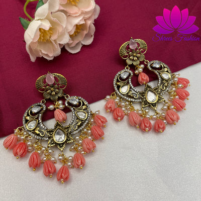 Regal Rose: Victorian Stones Chandbali Earrings with Pink Beads - Shrees  Fashion Australia