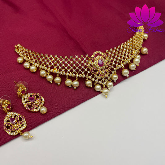 Pearlescent Elegance: CZ Stones Gold Finish Choker with Pearls