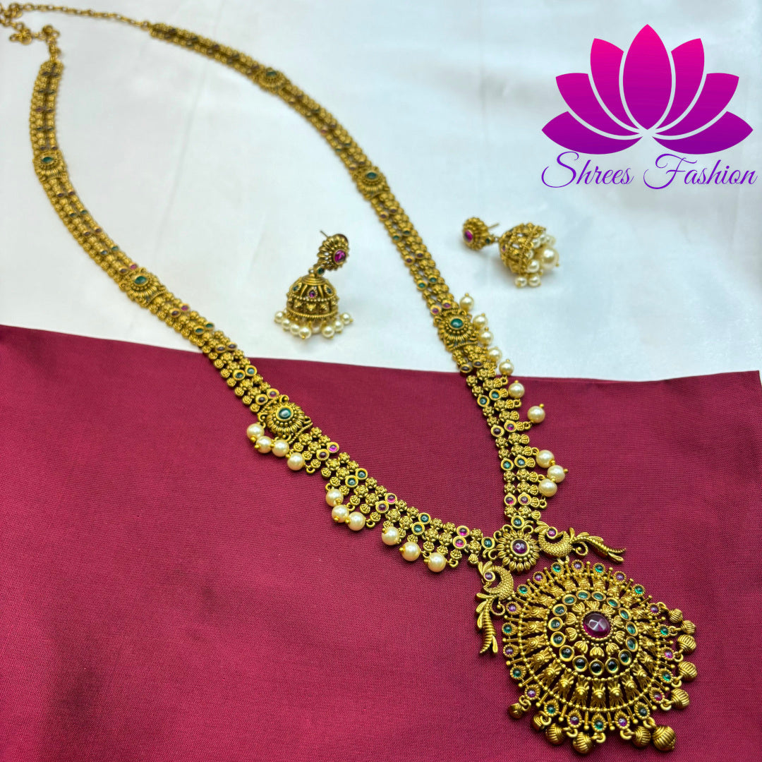 Golden Radiance: Matte Gold Long Haram with Kemp Stone Adorned Round Pendant"