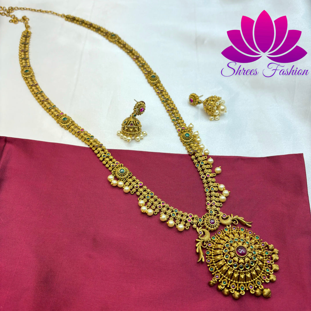 Golden Radiance: Matte Gold Long Haram with Kemp Stone Adorned Round Pendant"