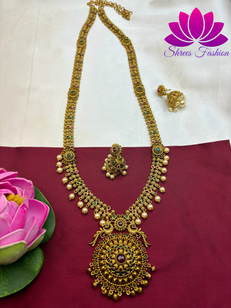 Golden Radiance: Matte Gold Long Haram with Kemp Stone Adorned Round Pendant"