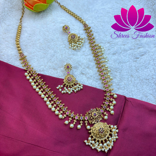 "Golden Elegance: Matte Gold Long Haram with Pearl Adornments and Pendant"