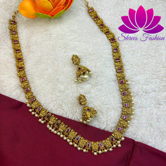 "Temple Blossom: Matte Gold Long Haram with Kempu Stones and Pearls"