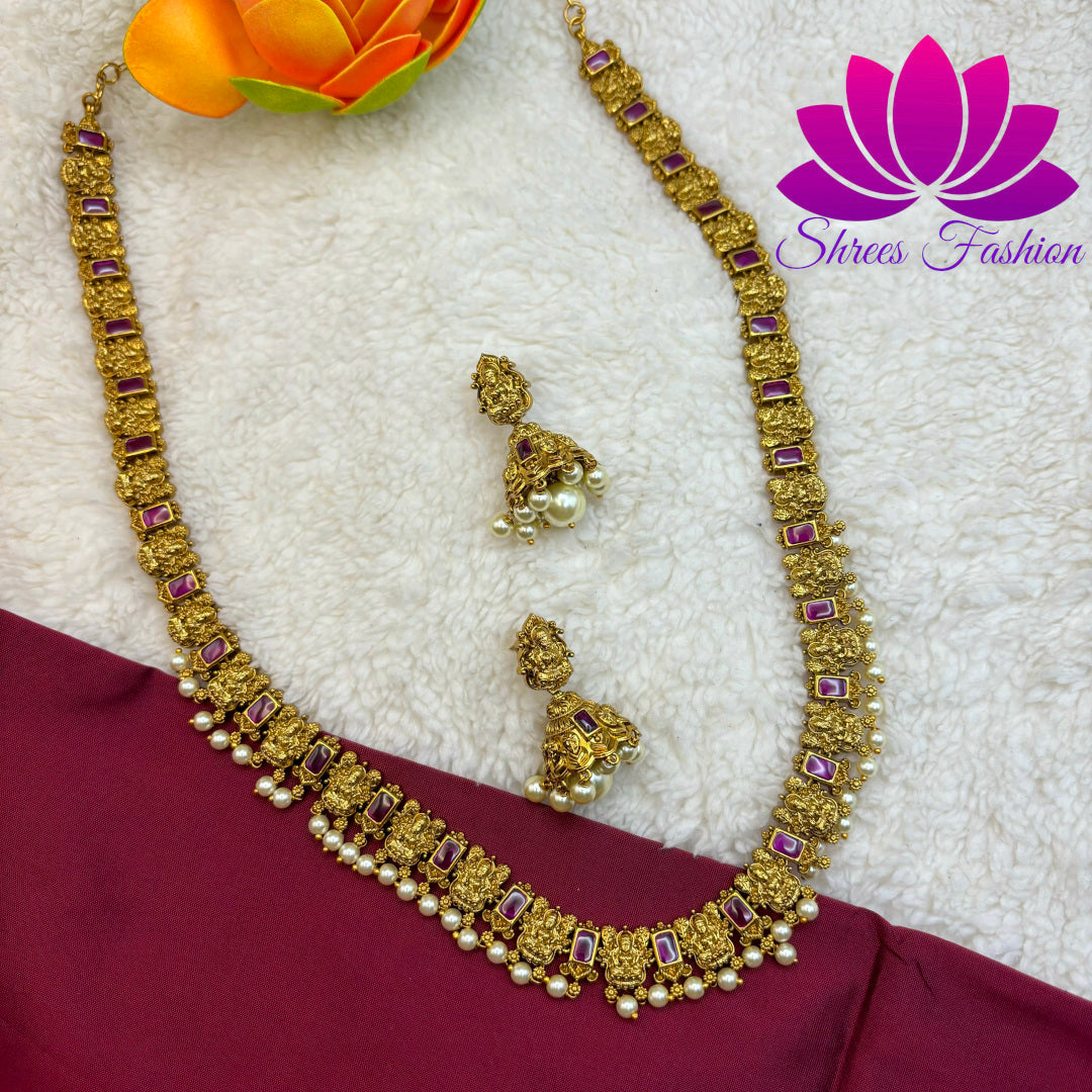 "Temple Blossom: Matte Gold Long Haram with Kempu Stones and Pearls"