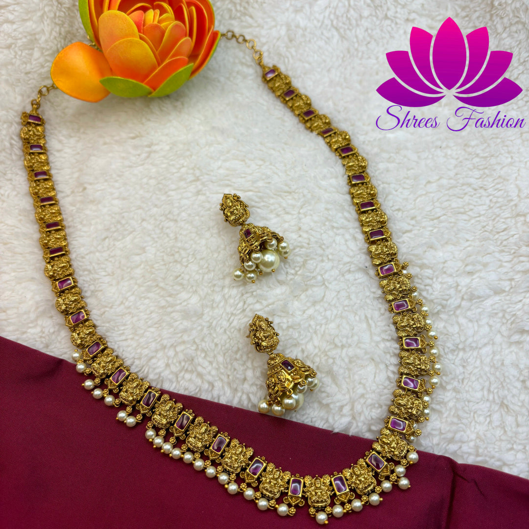 "Temple Blossom: Matte Gold Long Haram with Kempu Stones and Pearls"