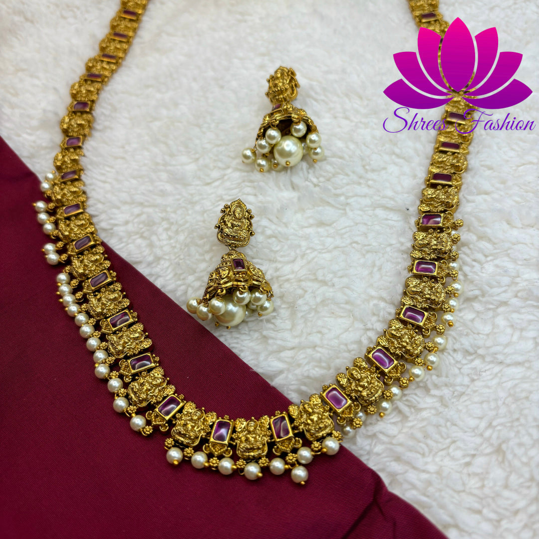 "Temple Blossom: Matte Gold Long Haram with Kempu Stones and Pearls"