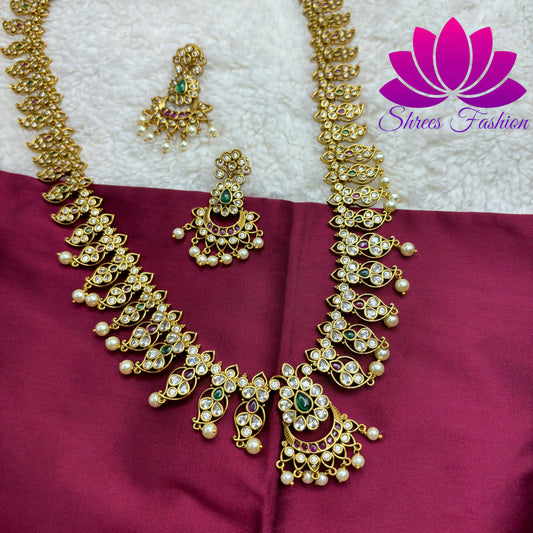 Golden Splendor: Matte Gold Long Haram with Kempu Stones"