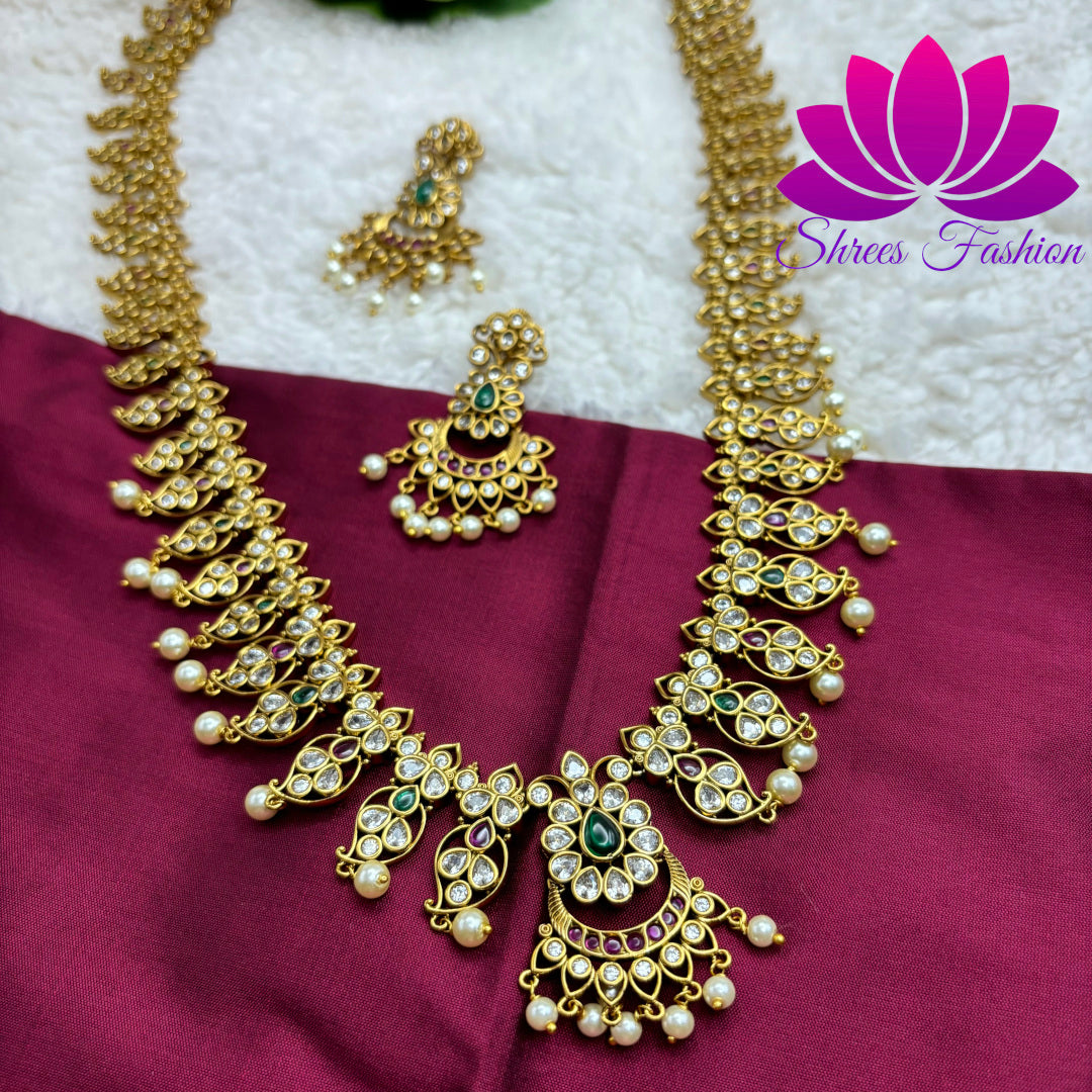 Golden Splendor: Matte Gold Long Haram with Kempu Stones"