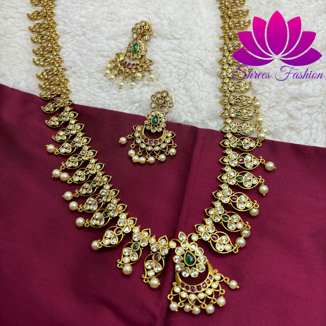 Golden Splendor: Matte Gold Long Haram with Kempu Stones"