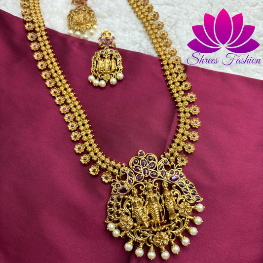 Matte Gold Finish Rama Parivar Temple Design Long Haram