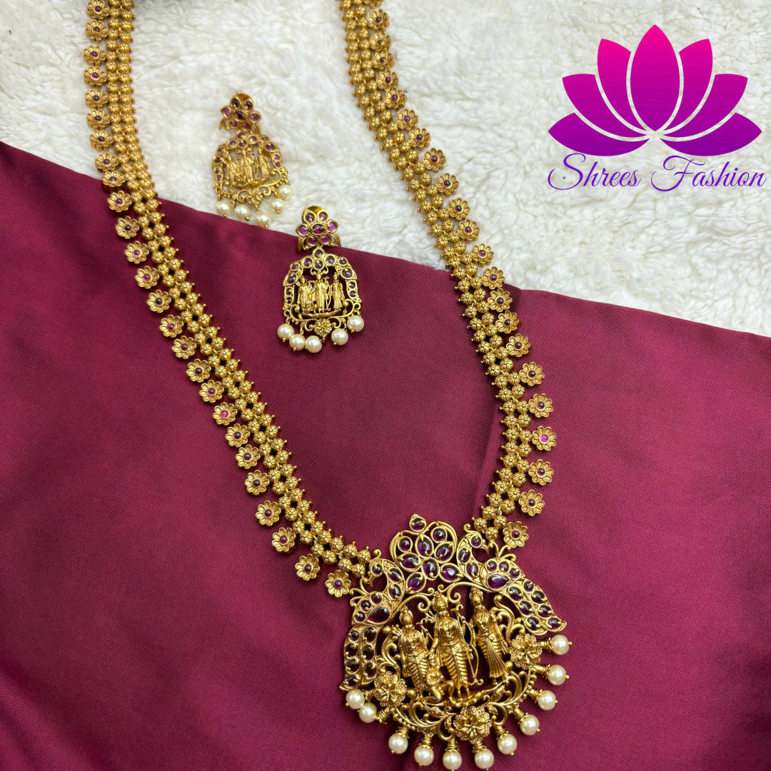 Matte Gold Finish Rama Parivar Temple Design Long Haram