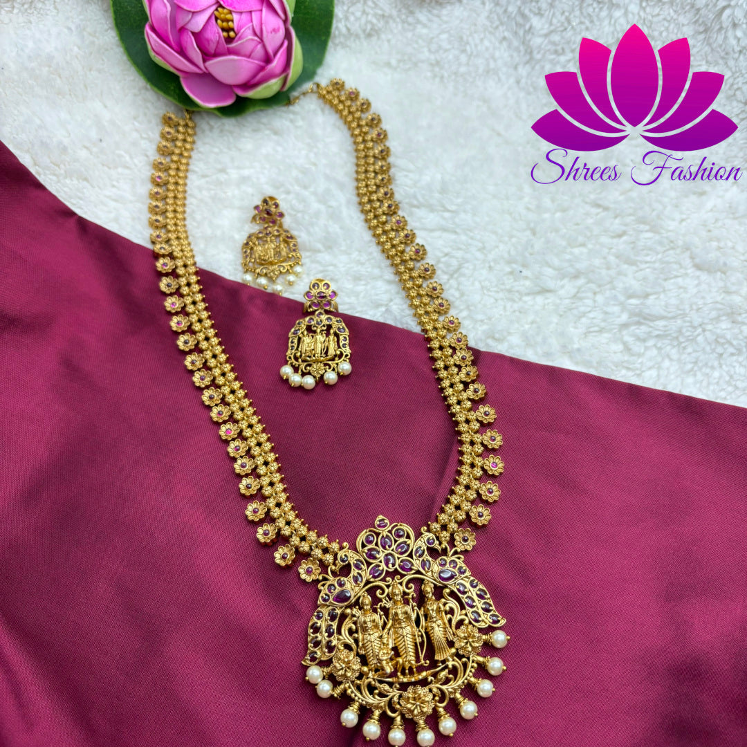 Matte Gold Finish Rama Parivar Temple Design Long Haram