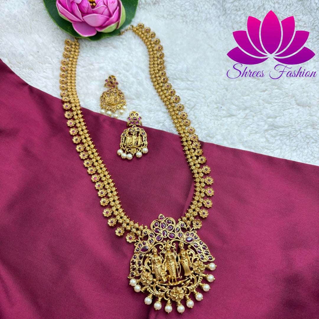 Matte Gold Finish Rama Parivar Temple Design Long Haram