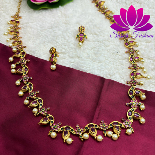 Rosy Elegance: Matte Gold Long Haram with Pink Kempu Stones and Pearls"