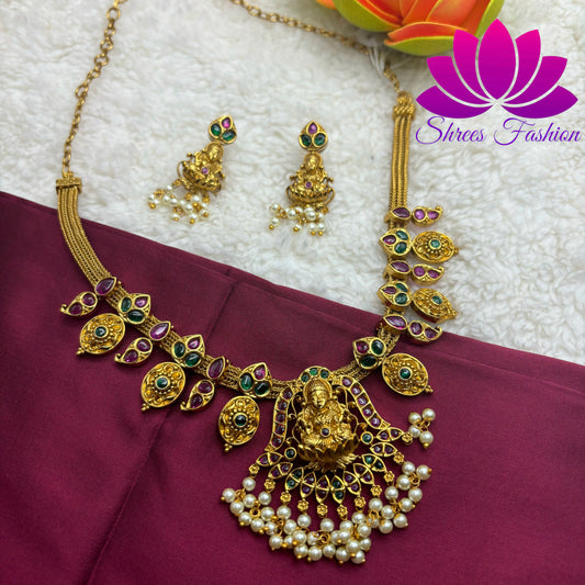 "Divine Splendor: Matte Gold Temple Necklace with Exquisite Pendant"