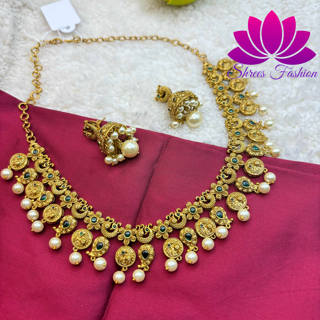 "Verdant Splendor: Matte Gold Finish Necklace with Green Kempu Stones"