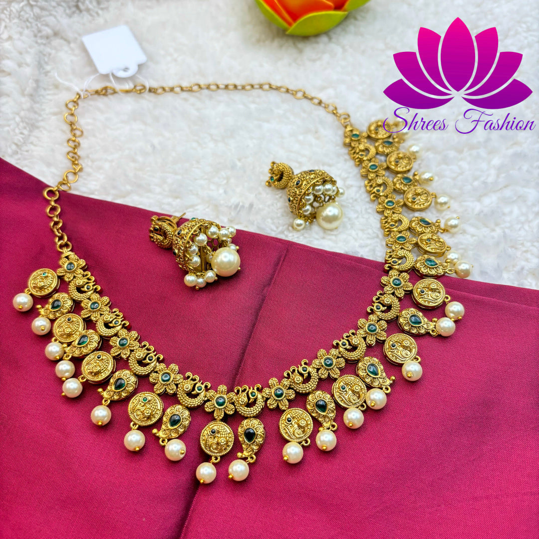 "Verdant Splendor: Matte Gold Finish Necklace with Green Kempu Stones"