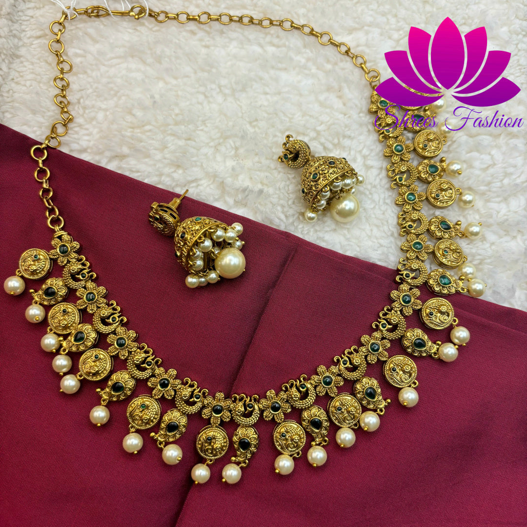 "Verdant Splendor: Matte Gold Finish Necklace with Green Kempu Stones"