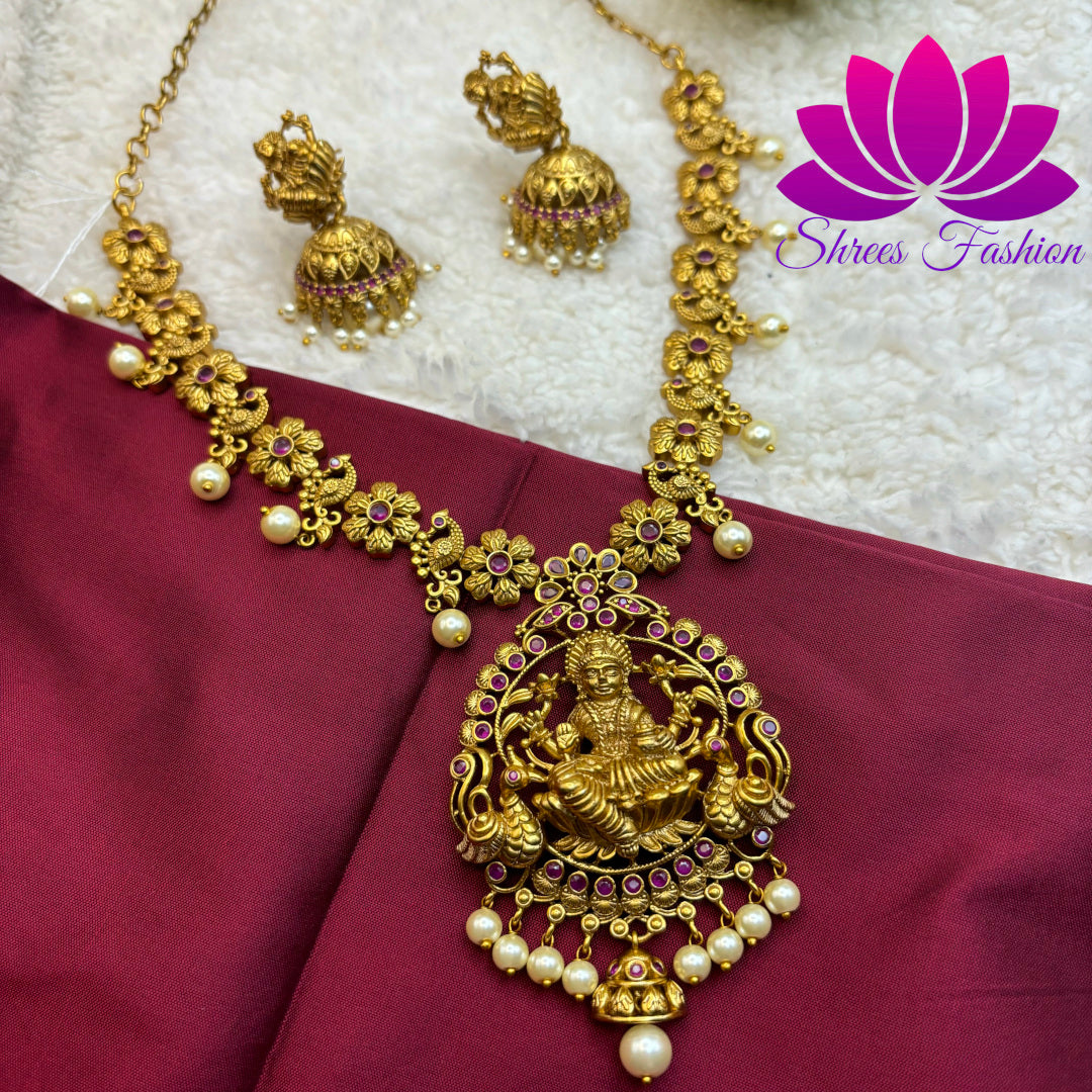 Sacred Splendor: Matte Gold Temple Design Necklace"