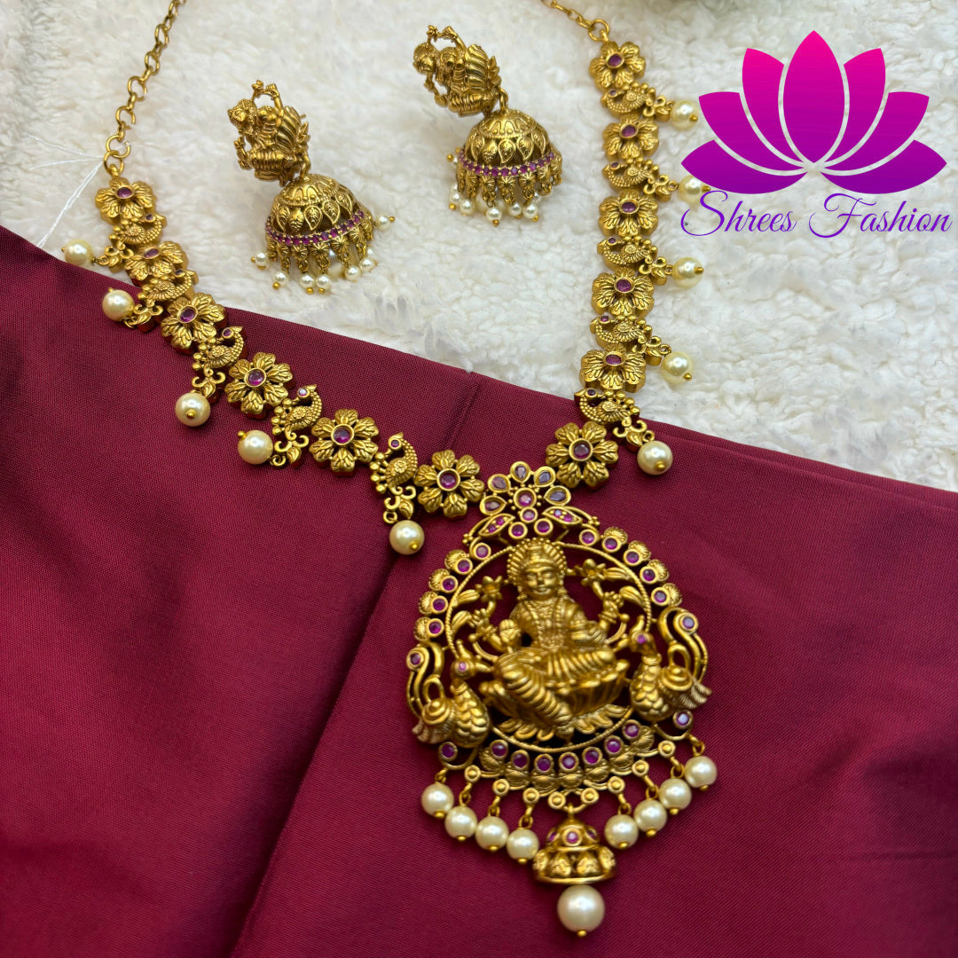 Sacred Splendor: Matte Gold Temple Design Necklace"