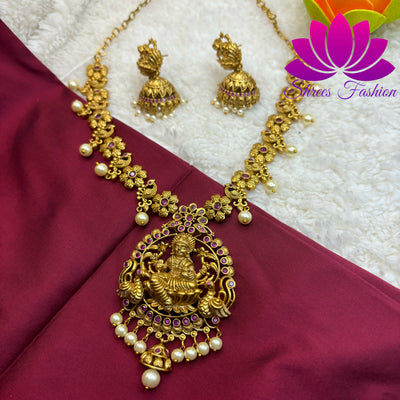 Matte Gold Finish Necklace with Temple Design Pendant