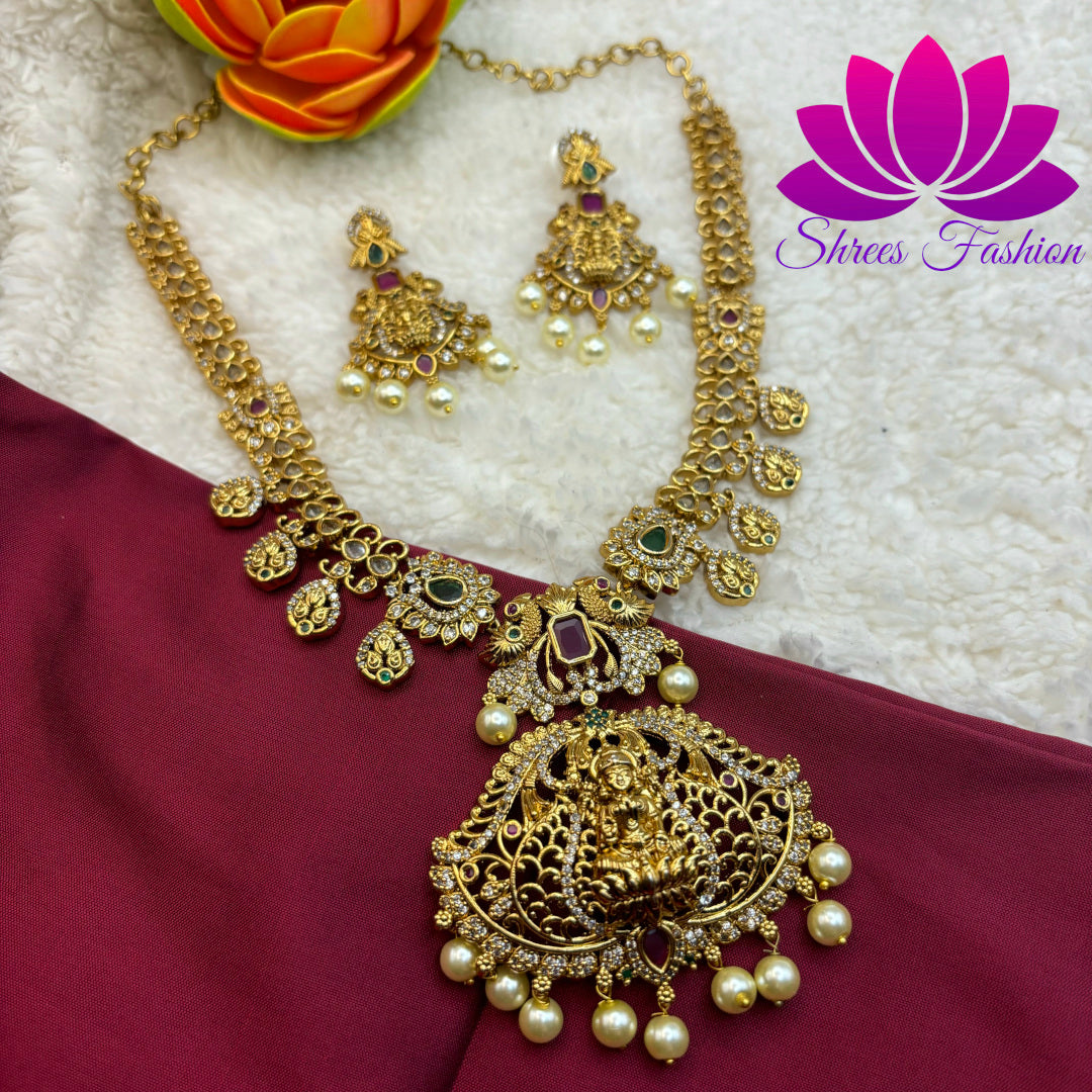 "Ethereal Reverence: Matte Finish Gold Temple Necklace"