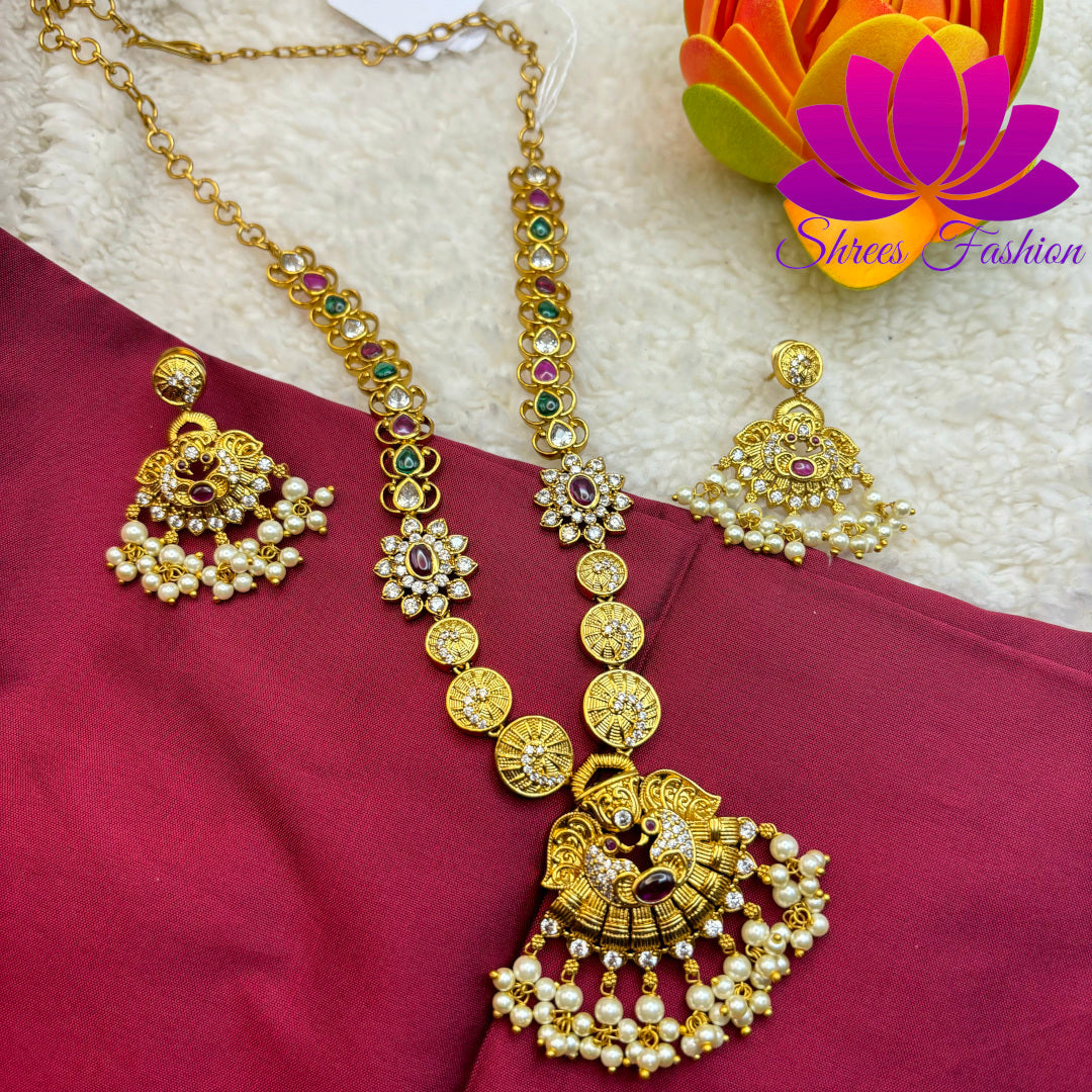 Matte Gold Finish Necklace with Trendy Design Pendant and Earrings