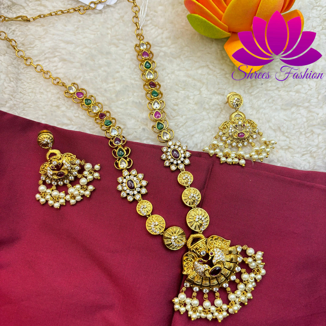 Matte Gold Finish Necklace with Trendy Design Pendant and Earrings