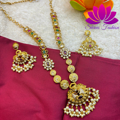 Matte Gold Finish Necklace with Trendy Design Pendant and Earrings