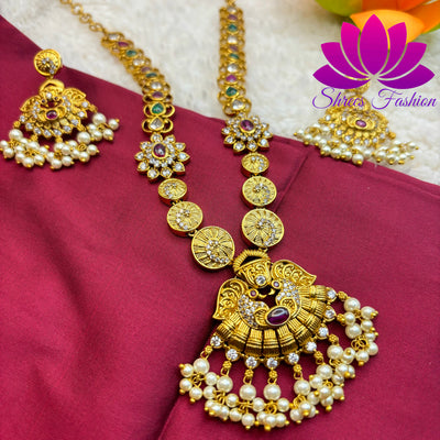 Matte Gold Finish Necklace with Trendy Design Pendant and Earrings