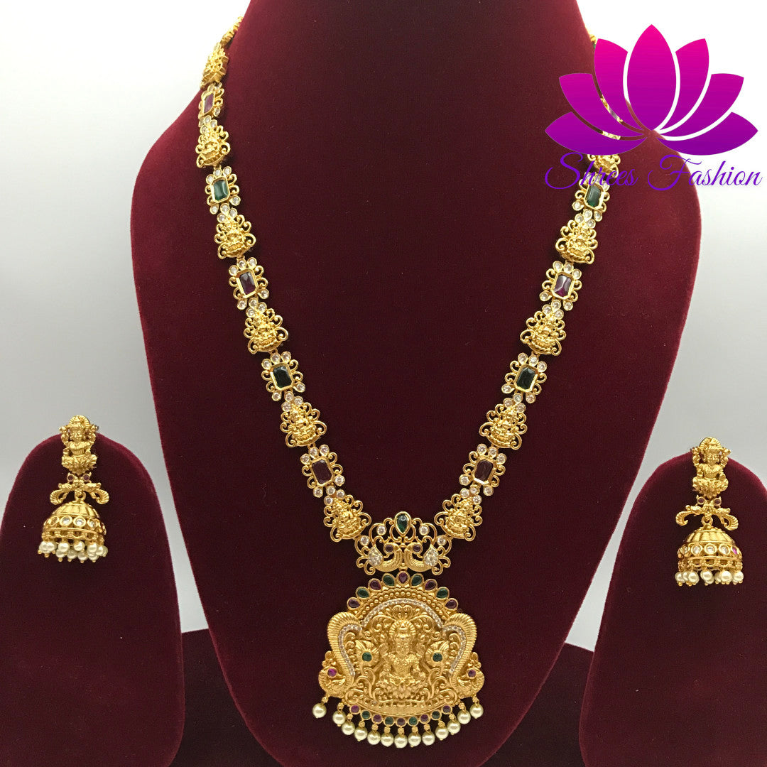 Enchanting Elegance: The Timeless Beauty of Matte Finish Lakshmi Pendant Long Haram - Shrees  Fashion Australia