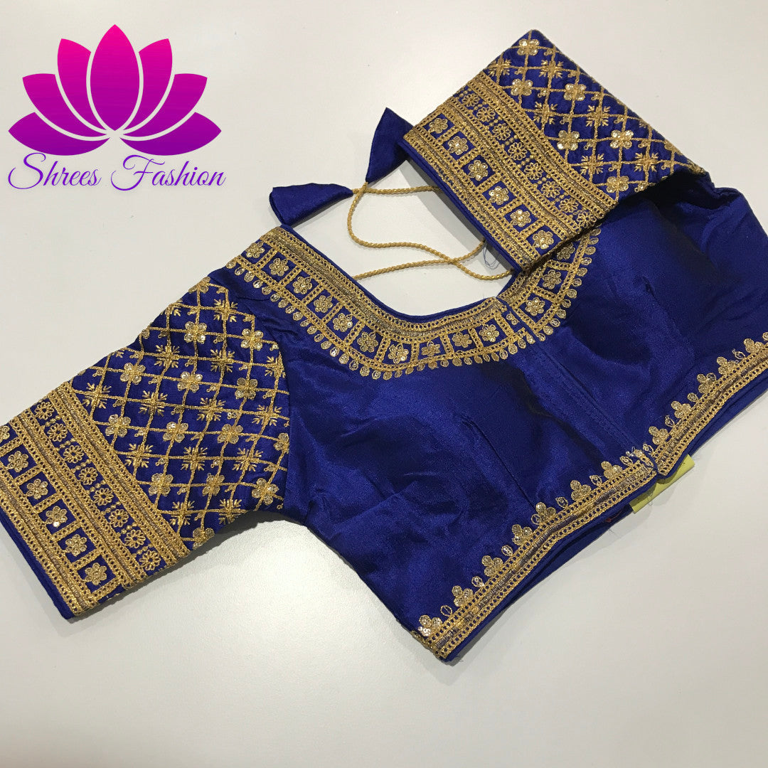 Royal Elegance: Raw Silk Designer Ready-Made Royal Blue Blouse - Shrees  Fashion Australia