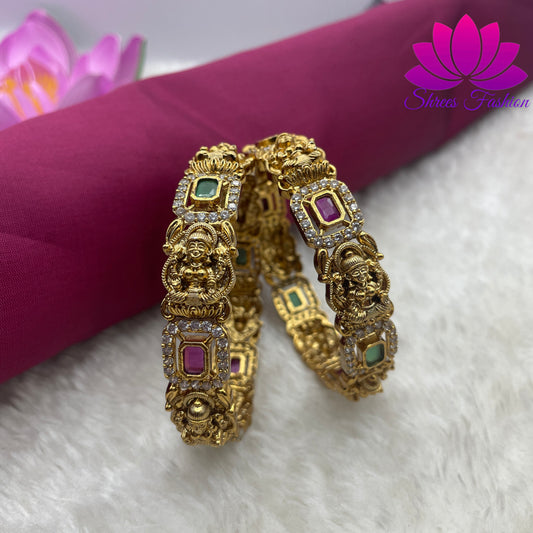 Divine Radiance: Exquisite Temple Design CZ Stones Matte Finish Bangles