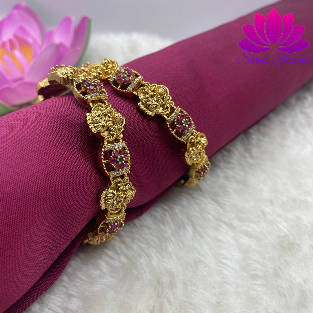 Harmonious Fusion: Flower and Temple Design Matte Finish Bangles