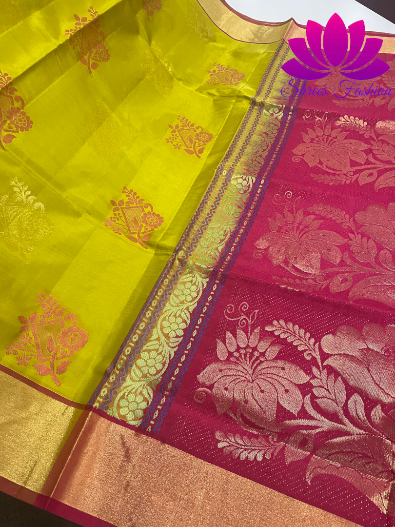 Shrees Fashion: Exquisite Pure Silk Saree in Olive Green with Rani Pink Pallu | Online Silk Sarees Melbourne - Shrees  Fashion Australia