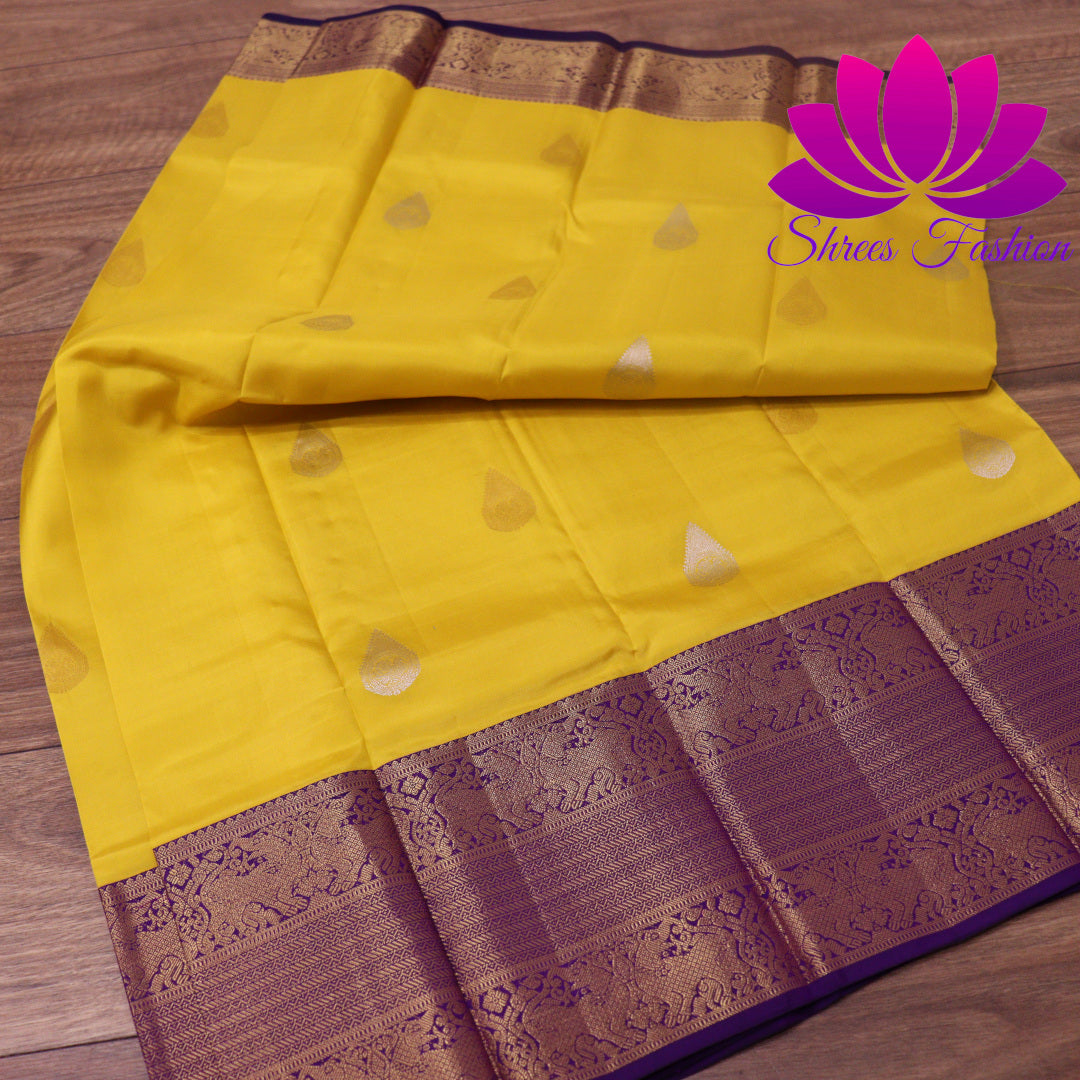 Exquisite Pure Silk Saree in Vibrant Yellow with Violet Pallu | Online Silk Sarees Melbourne | Silk Mark Certified - Shrees  Fashion Australia