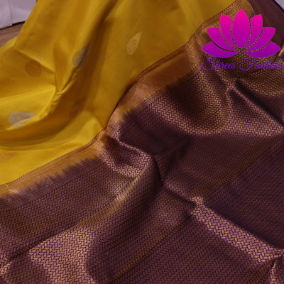 Exquisite Pure Silk Saree in Vibrant Yellow with Violet Pallu | Online Silk Sarees Melbourne | Silk Mark Certified - Shrees  Fashion Australia