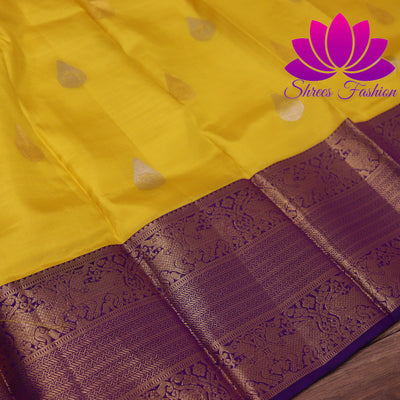 Exquisite Pure Silk Saree in Vibrant Yellow with Violet Pallu | Online Silk Sarees Melbourne | Silk Mark Certified - Shrees  Fashion Australia