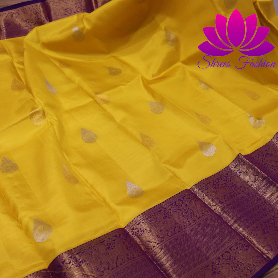 Exquisite Pure Silk Saree in Vibrant Yellow with Violet Pallu | Online Silk Sarees Melbourne | Silk Mark Certified - Shrees  Fashion Australia