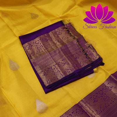 Exquisite Pure Silk Saree in Vibrant Yellow with Violet Pallu | Online Silk Sarees Melbourne | Silk Mark Certified - Shrees  Fashion Australia