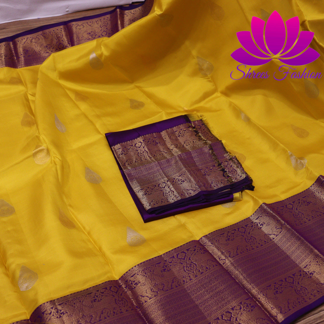 Exquisite Pure Silk Saree in Vibrant Yellow with Violet Pallu | Online Silk Sarees Melbourne | Silk Mark Certified - Shrees  Fashion Australia