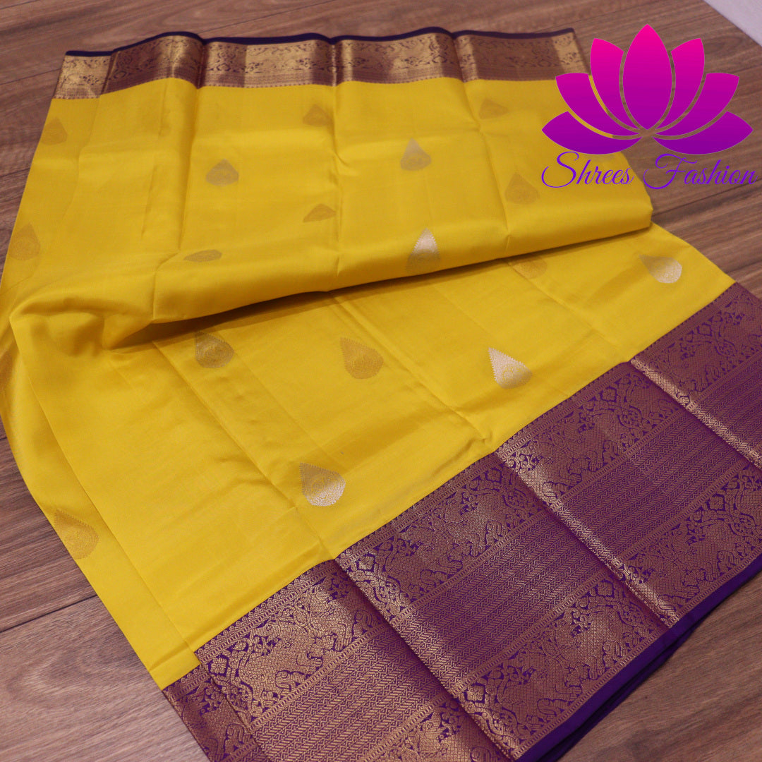 Exquisite Pure Silk Saree in Vibrant Yellow with Violet Pallu | Online Silk Sarees Melbourne | Silk Mark Certified - Shrees  Fashion Australia