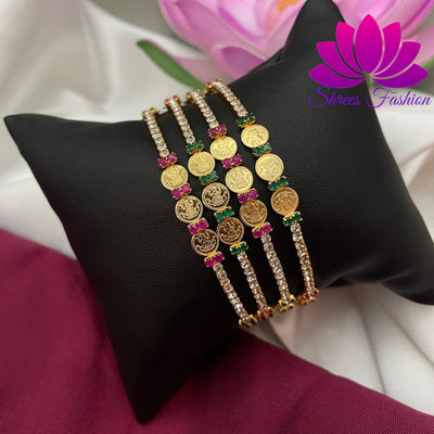 Gleaming Elegance: Shrees Fashion's Gold Finish Set of Four Coin Design Bangles - Shrees  Fashion Australia