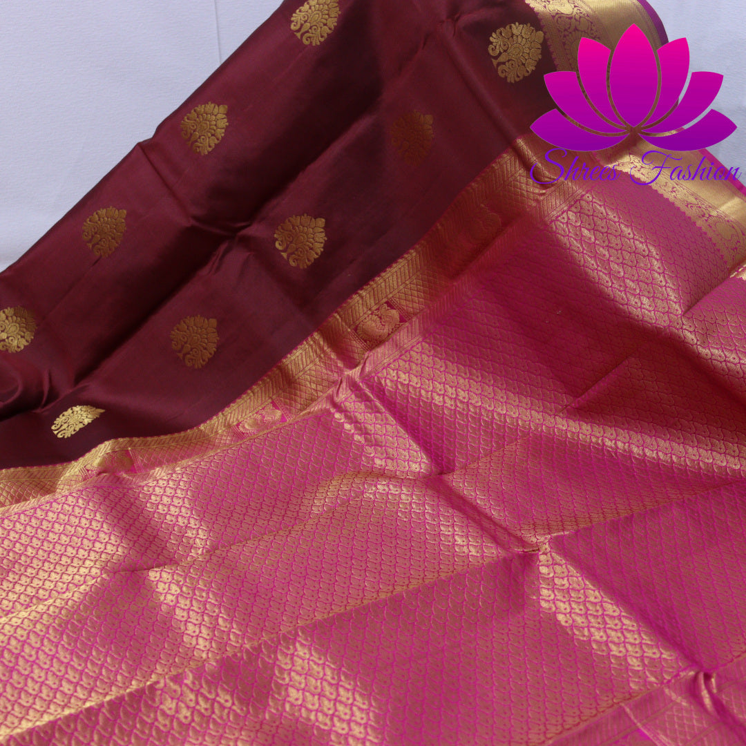 Exquisite Pure Silk Saree in Maroon with Pink Pallu | Online Silk Sarees Melbourne - Shrees  Fashion Australia